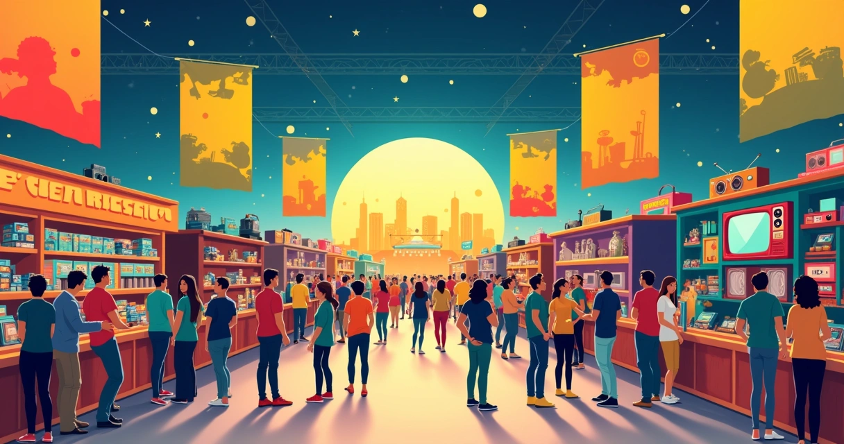 Multidão em feira temática retrô com estandes coloridos e decoração dos anos 70, 80 e 90 