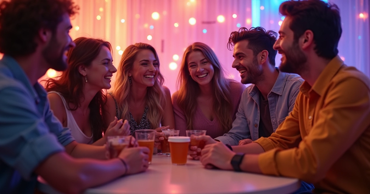 Grupo de amigos sorrindo em festa com luzes coloridas, clima descontraído