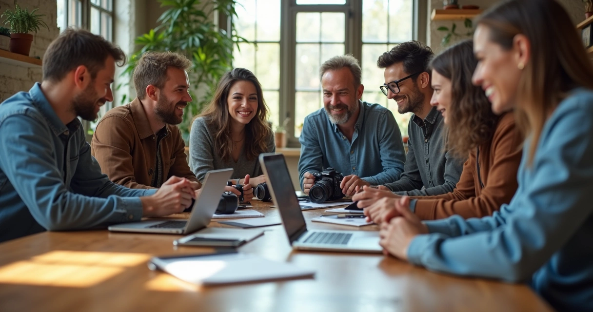 Grupo de fotógrafos de diversas idades reunidos ao redor de mesa com câmeras e laptops, sorrindo e planificando projetos juntos. 