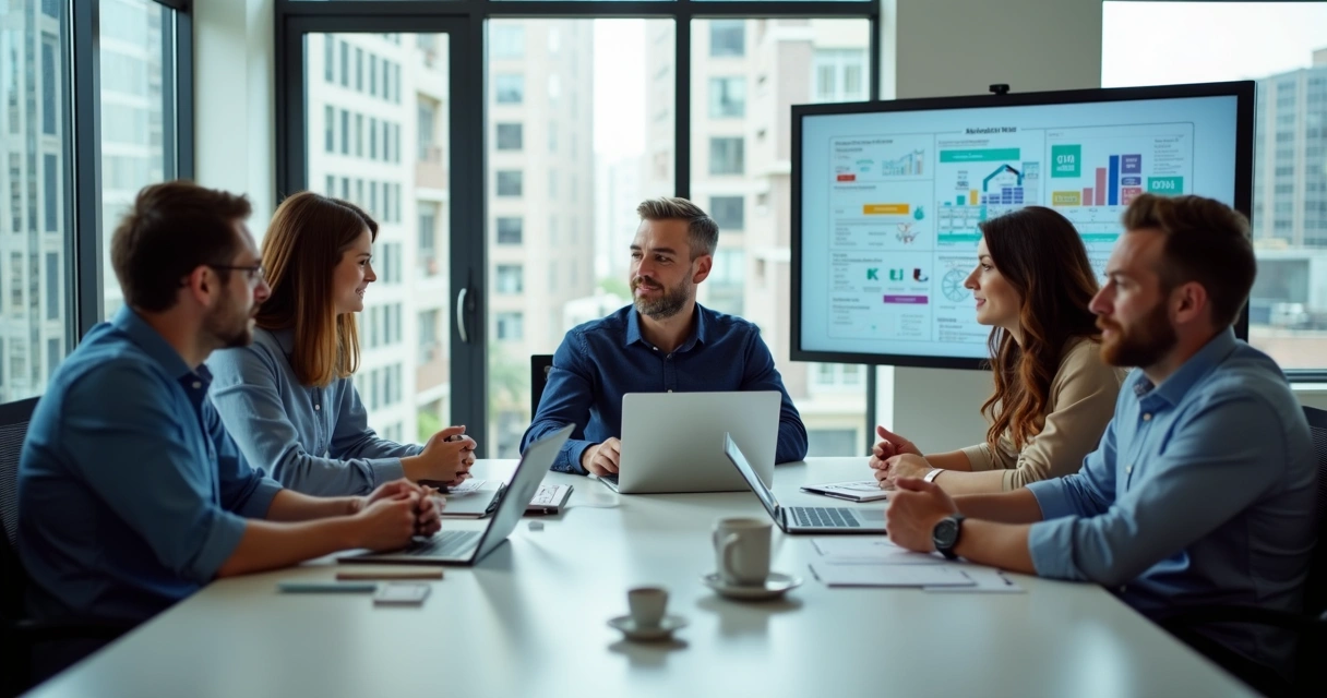 Encontro de franqueados de mídia indoor em mesa de reunião 
