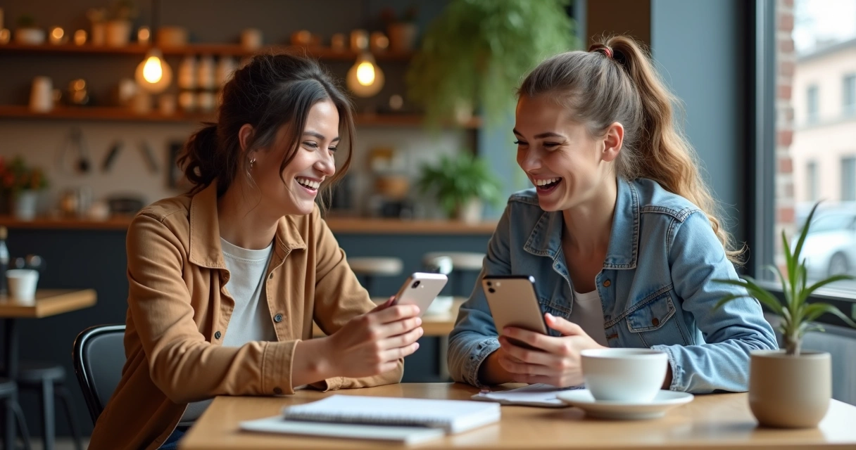 Dois jovens segurando smartphones e sorrindo, sentados em uma cafeteria 