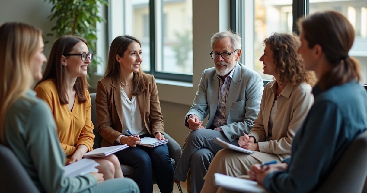 Grupo de pessoas de diferentes idades sentadas em círculo conversando 