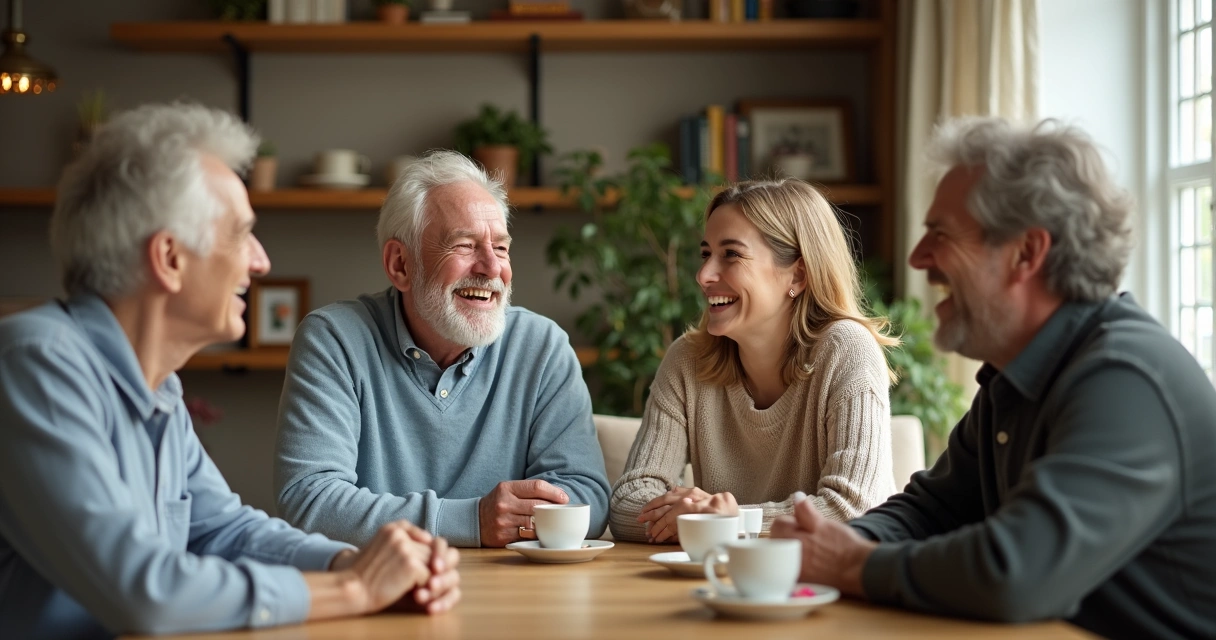 Jovem e idoso conversando sorrindo em reunião de várias pessoas 