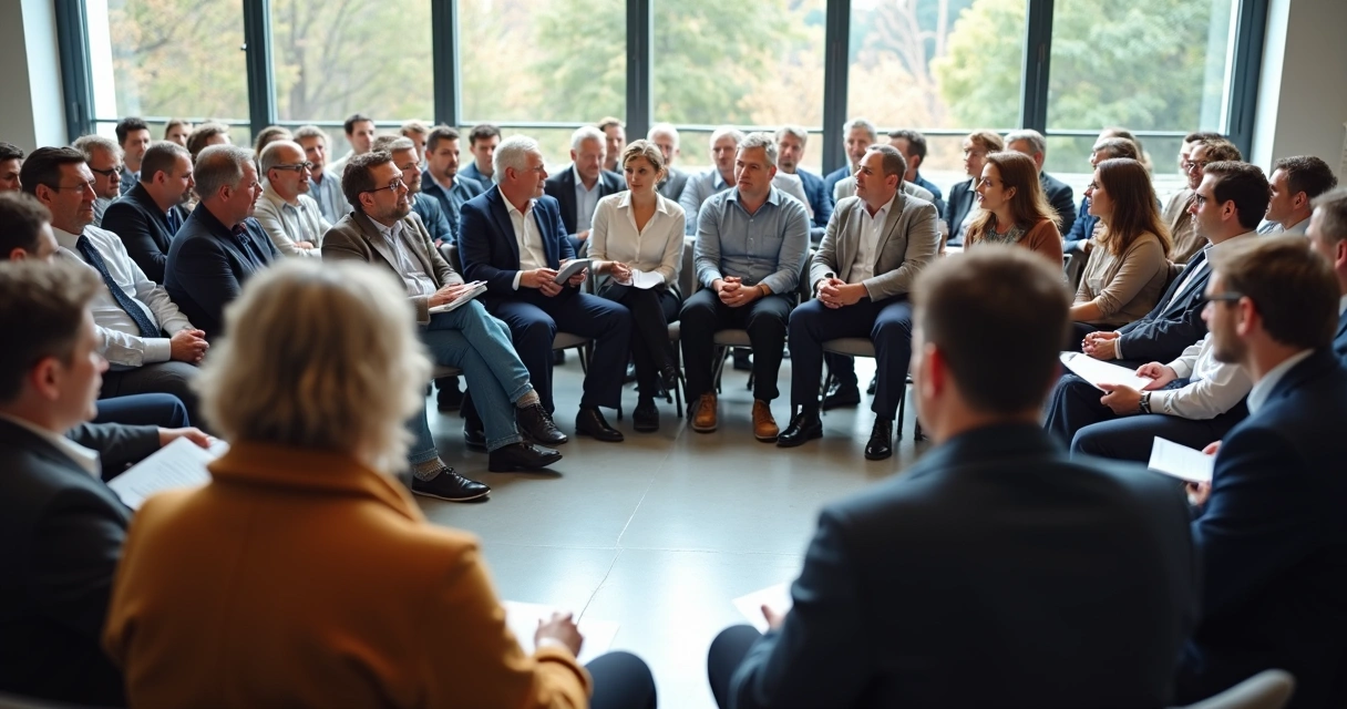 Grupo diversificado de pessoas em roda, discutindo em ambiente claro 
