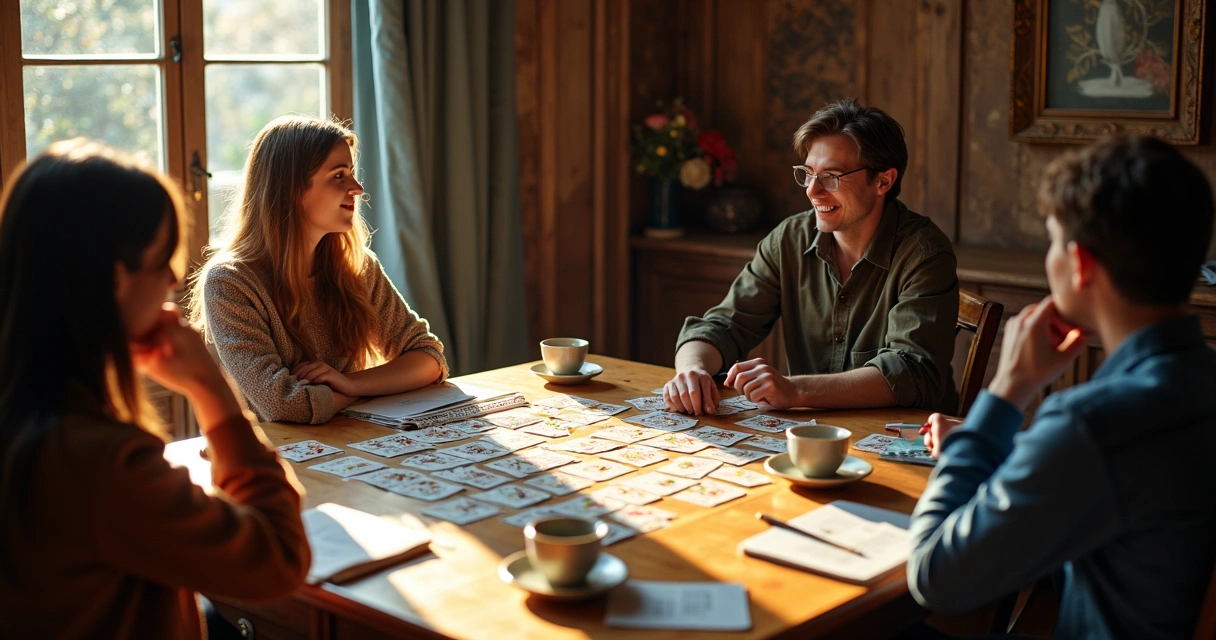 Grupo de pessoas analisando cartas ciganas em uma mesa