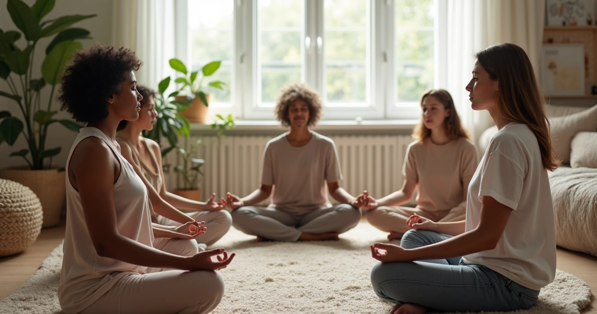Grupo pequeno de pessoas meditando em círculo em ambiente claro e acolhedor 