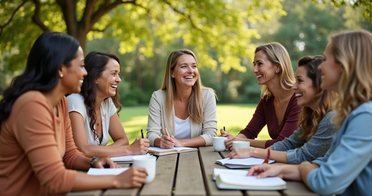 Mulheres reunidas em encontro bíblico, de mãos dadas 