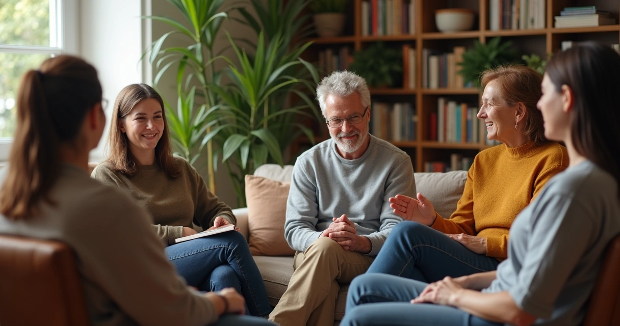 Grupo de pessoas em círculo trocando experiências em sala acolhedora 