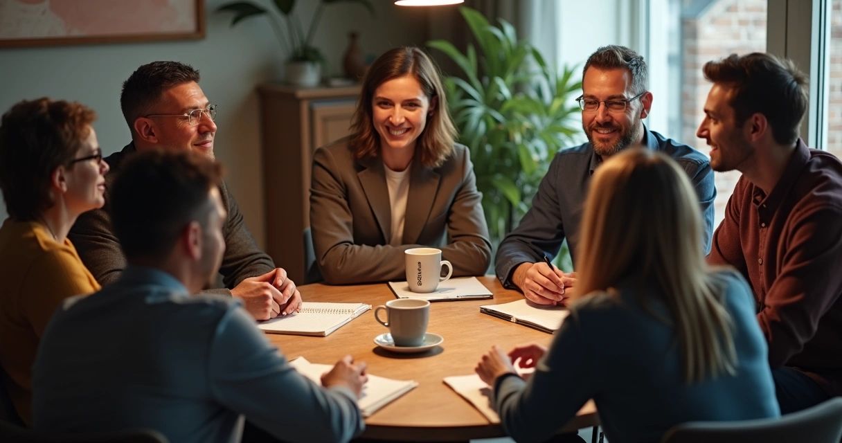 Grupo pequeno reunido em um círculo, conversando e trocando ideias 