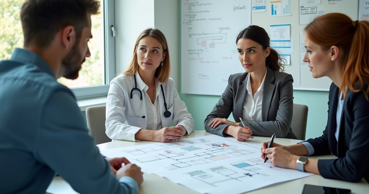 Reunião multidisciplinar entre especialistas em tecnologia, médicos e jornalistas 
