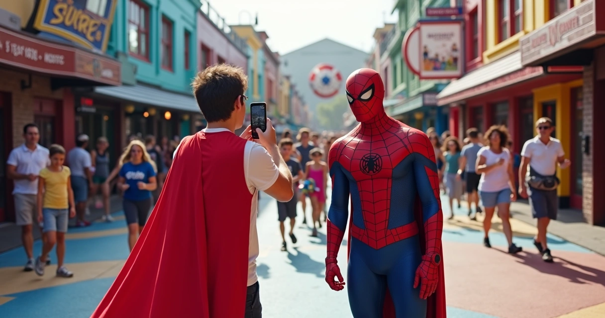 Encontro com personagem fantasiado de super-herói na área Marvel 