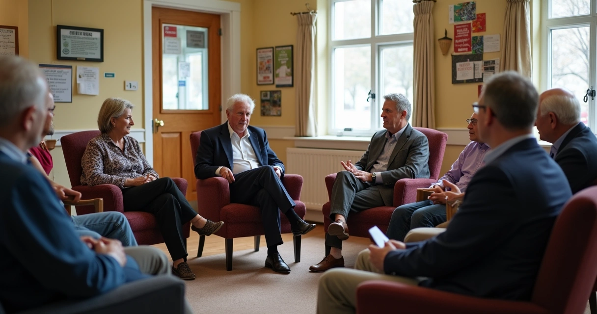 Candidato conversando em círculo com grupo de moradores indecisos, ambiente acolhedor 