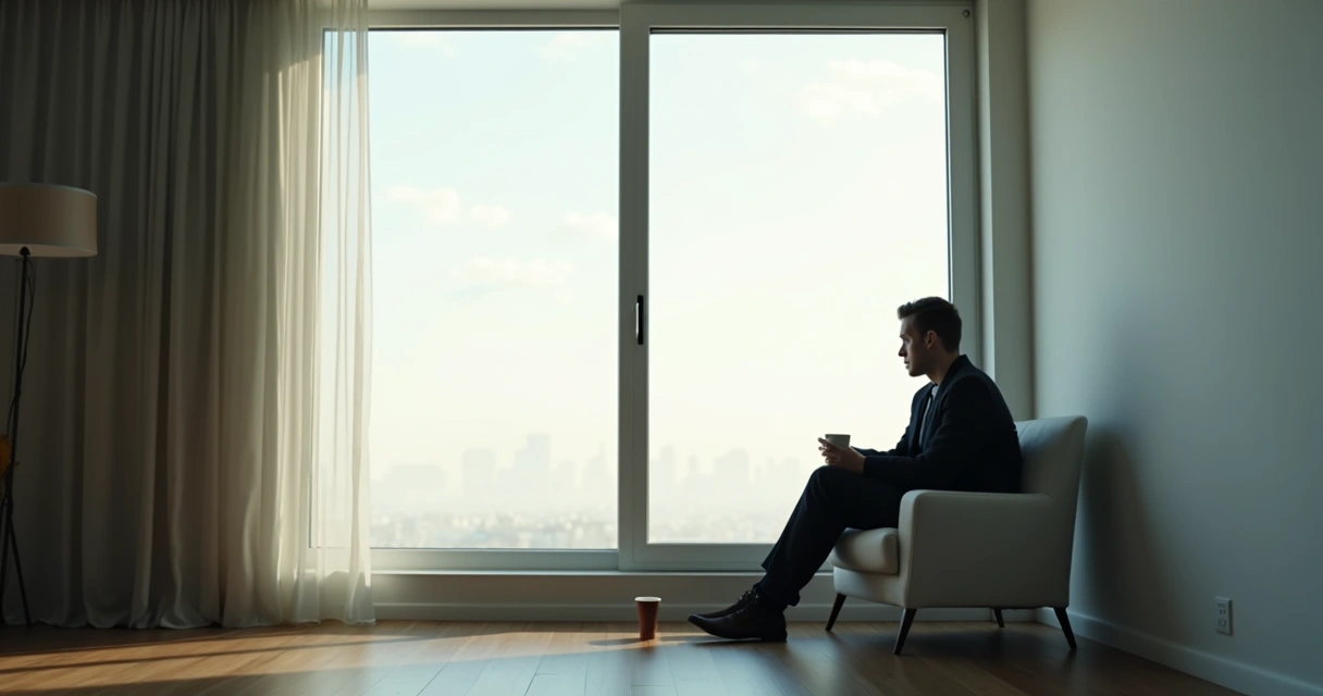 Pessoa sozinha sentada ao lado de uma janela, refletindo, luz suave entrando 
