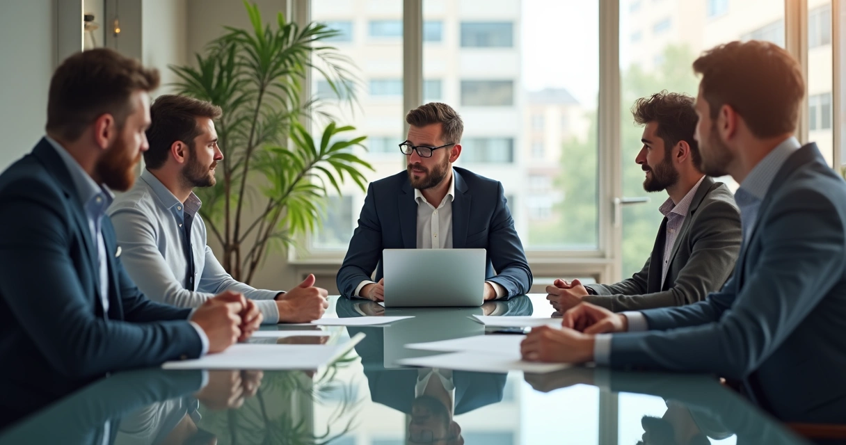 Reunião entre startup e investidores em uma sala moderna, todos focados na negociação