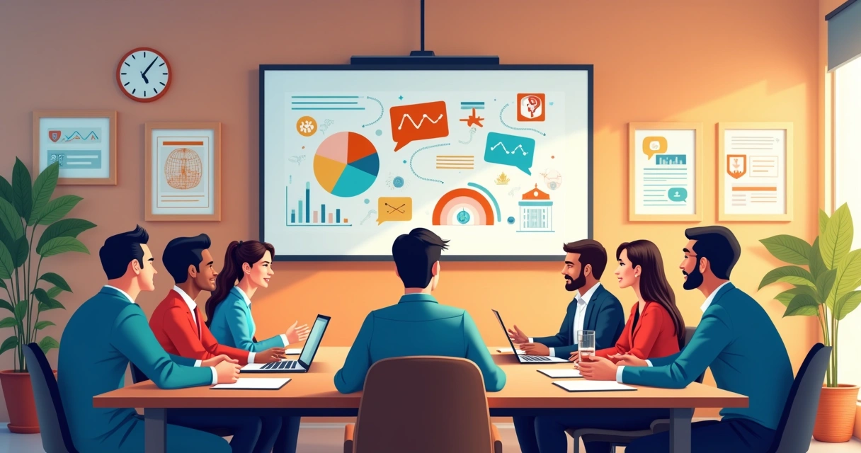 Membros de conselho profissional discutindo estratégias em sala moderna 