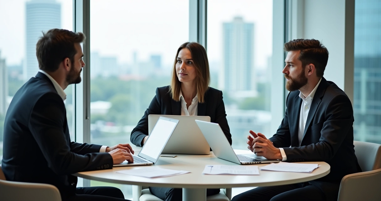Grupo pequeno em encontro de mentoria analisando papéis e dialogando 