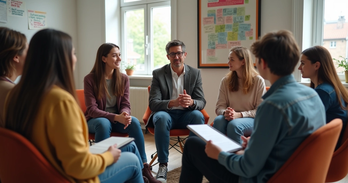 Mentor conversa com grupo de jovens em roda 