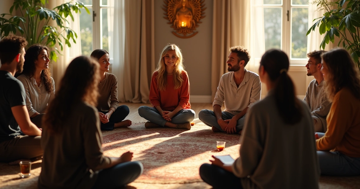 Grupo reunido em círculo conversando sobre orientação espiritual 