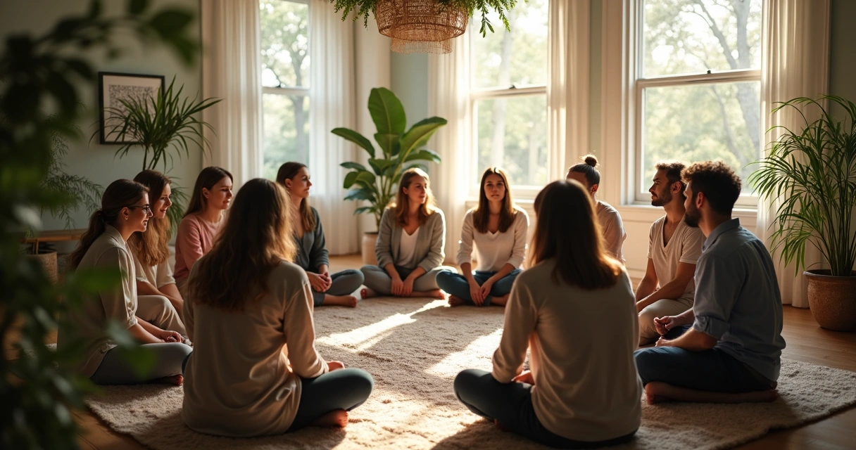 Grupo de pessoas reunido em círculo num ambiente inspirador, com mentor guiando a conversa 