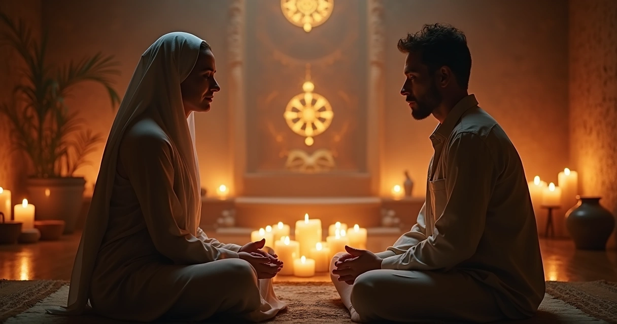 Mentor e pessoa sentados em ambiente espiritual com luz suave, símbolos místicos ao fundo.