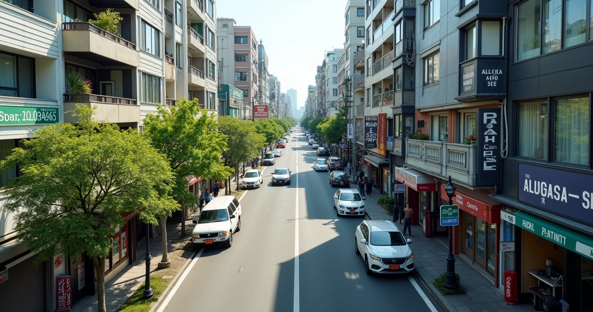 Vista aérea de imóveis comerciais com placas de aluguel visíveis 