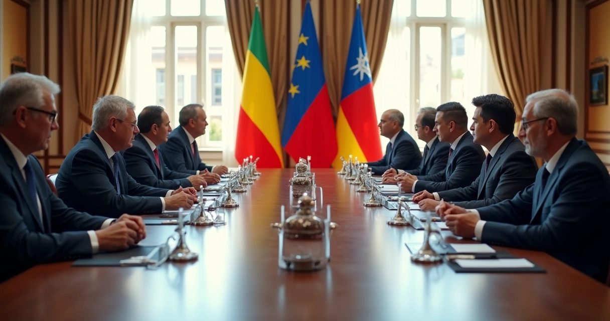 Autoridades bolivianas y chilenas en reunión bilateral en sala de conferencias en La Paz 