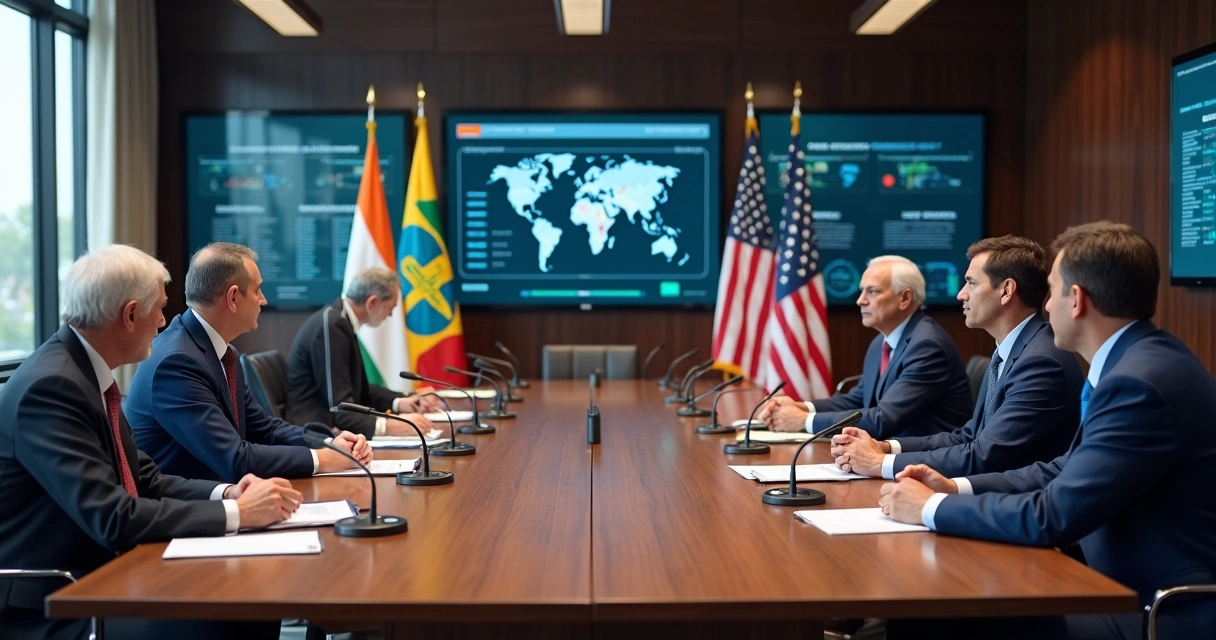 Ministros em reunião com gráficos de comércio ao fundo 