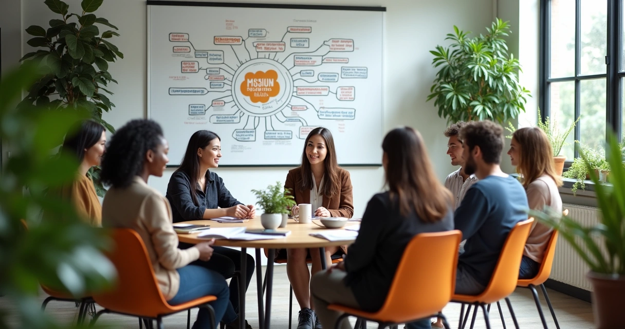 Equipe reunida em círculo discutindo ideias com quadro ao fundo