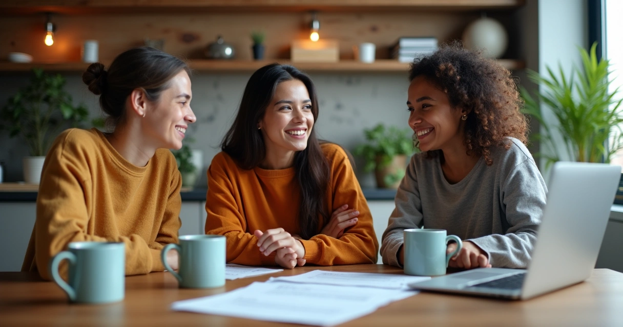 Grupo de pessoas sorrindo em sala de apartamento, reunião para dividir moradia 