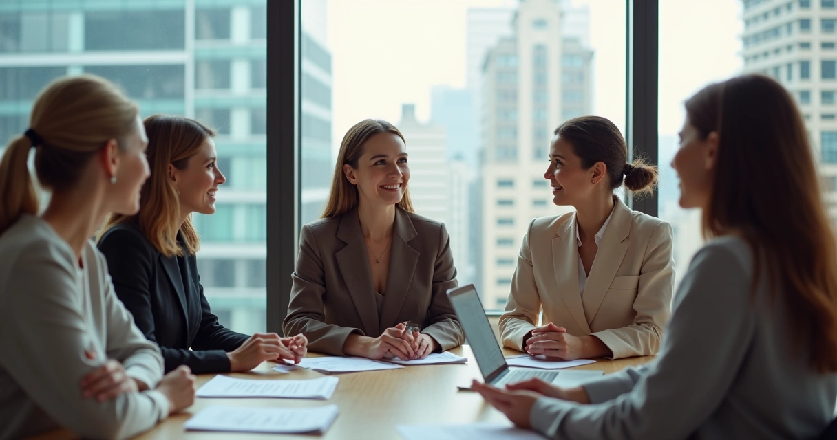 Grupo de mulheres líderes conversando em círculo em ambiente corporativo moderno