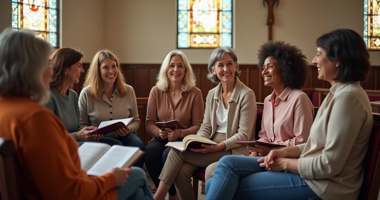 Grupo de mulheres conversando em círculo dentro de uma igreja