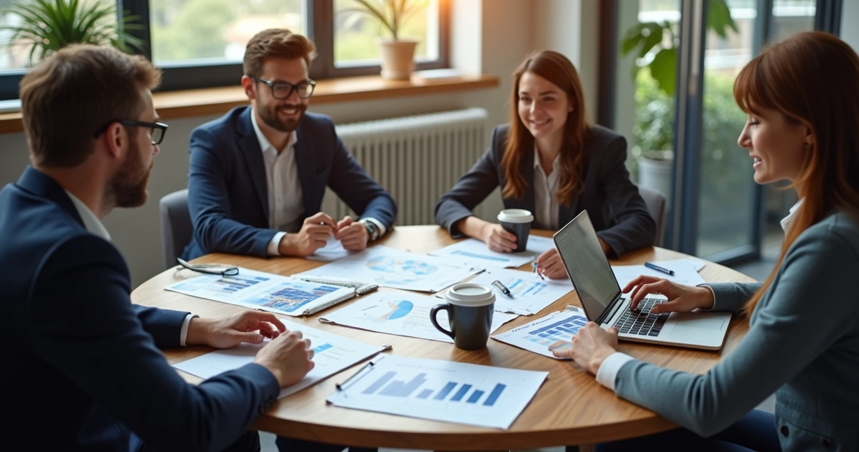 Grupo de pequenos empresários conversando em uma mesa de reunião 