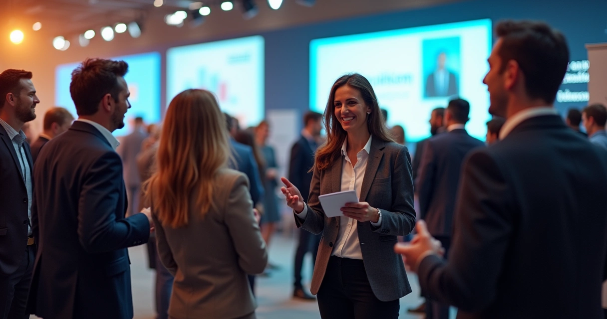 Grupo de empresários e vendedores fazendo networking em evento 