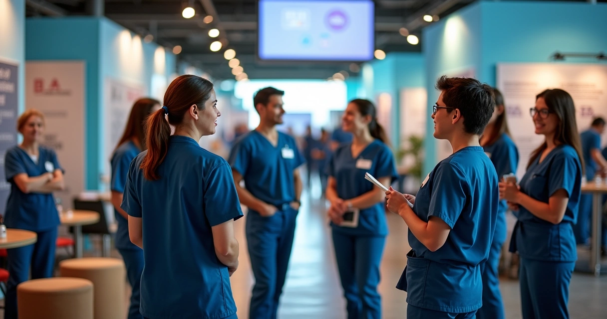 Profissionais de enfermagem em evento de networking conversando 