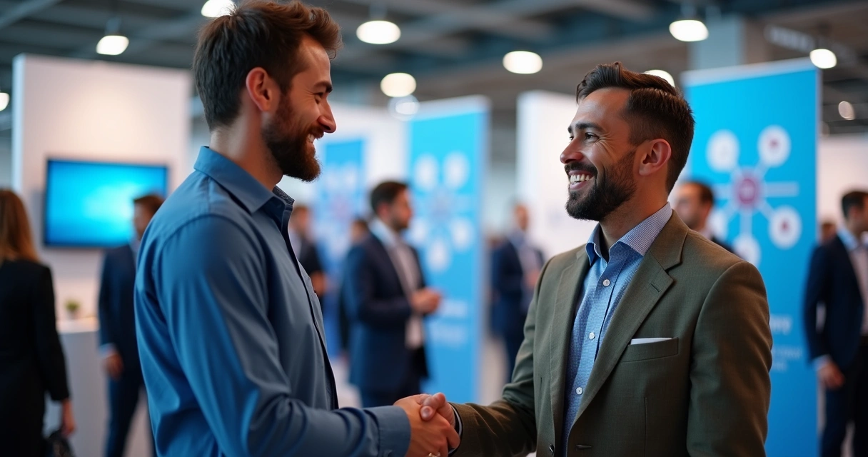Vendedor cumprimentando cliente em evento de networking, ambos sorrindo 