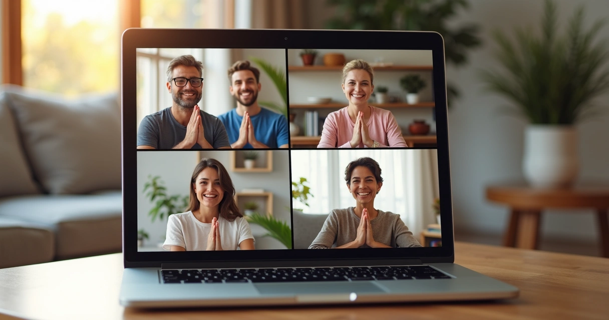 Reunião online de grupo pequeno em chamada de vídeo trocando experiências de Reiki