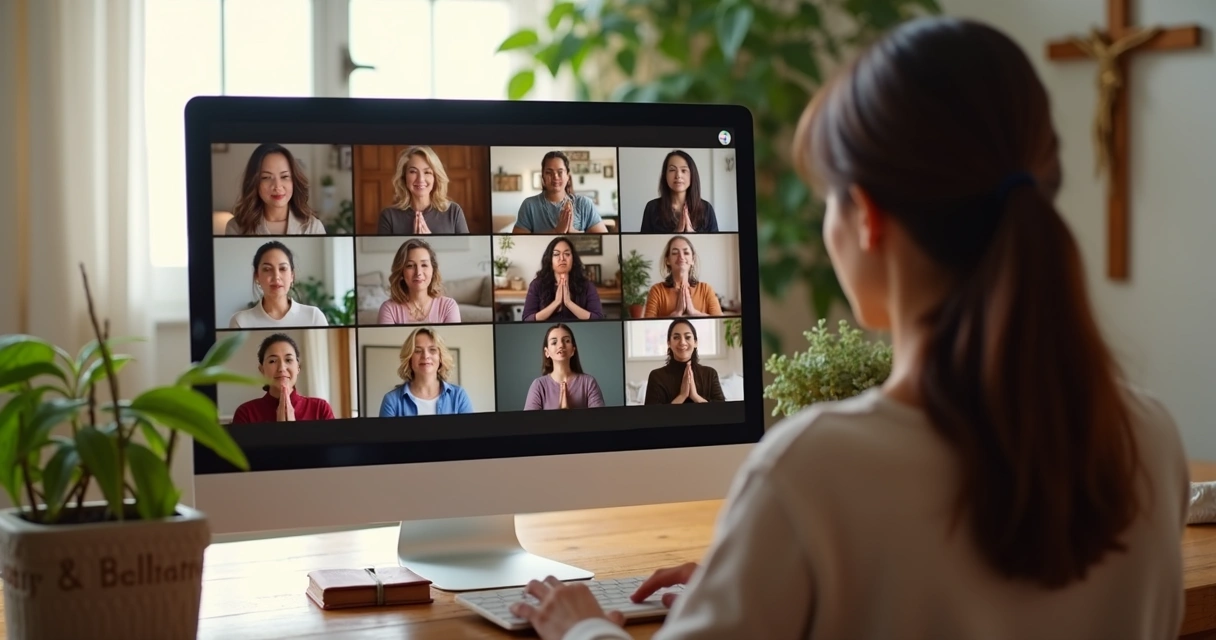 Grupo de mulheres participando de encontro virtual de oração em tela de computador, ambiente acolhedor com decoração simples e luz suave 