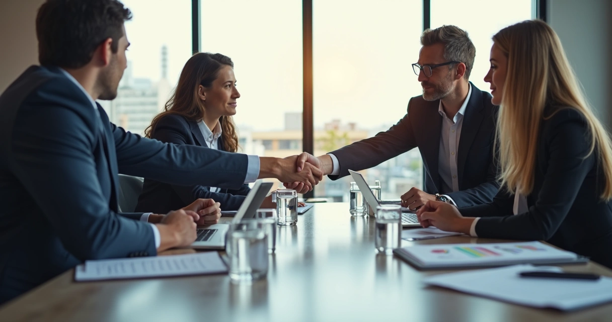 Duas equipes de empresas diferentes apertando as mãos em uma sala iluminada, com papéis e laptops em cima de uma mesa de reunião. 