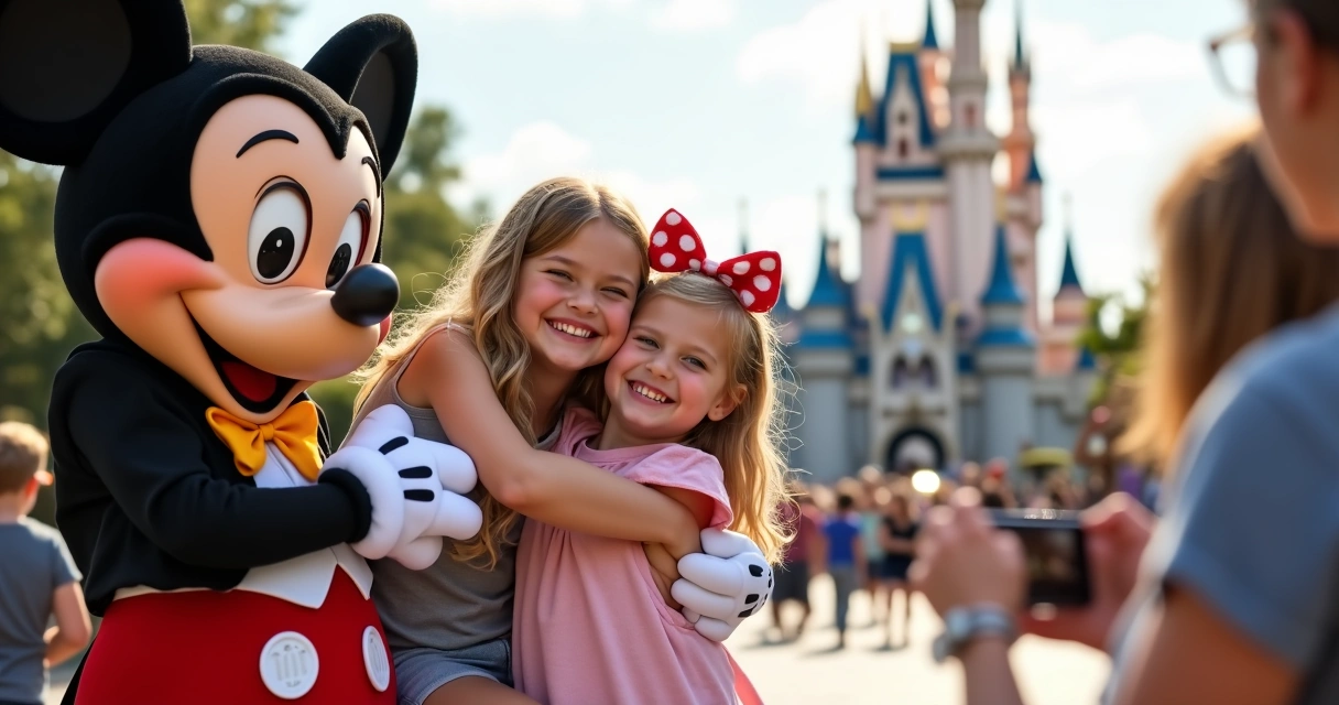 Crianças abraçando personagens da Disney no parque 