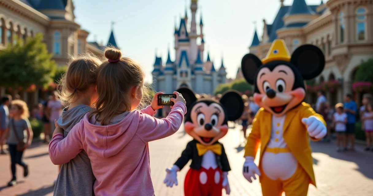 Família tirando foto com personagens da Disney em área externa de parque temático de Orlando 