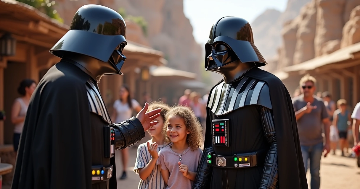 Crianças tirando foto com Darth Vader e Luke Skywalker em Batuu, Galaxy’s Edge