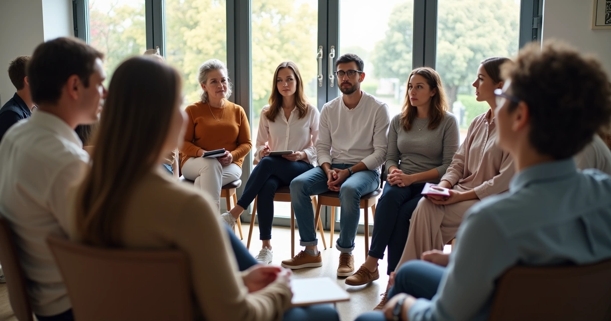 Grupo de pessoas diversas sentadas em círculo, escutando e conversando