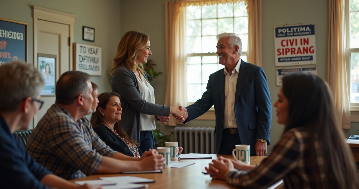 Candidato cumprimentando cidadãos durante visita política a uma comunidade 