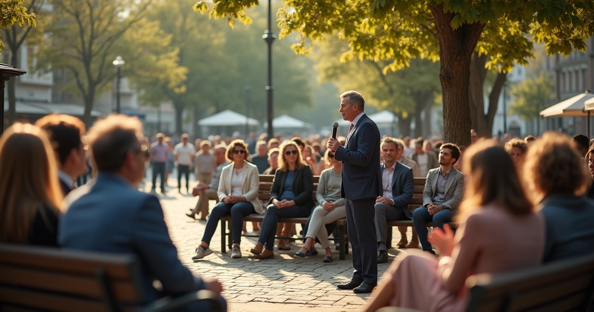 Pequeno grupo em uma praça conversando com um líder político 
