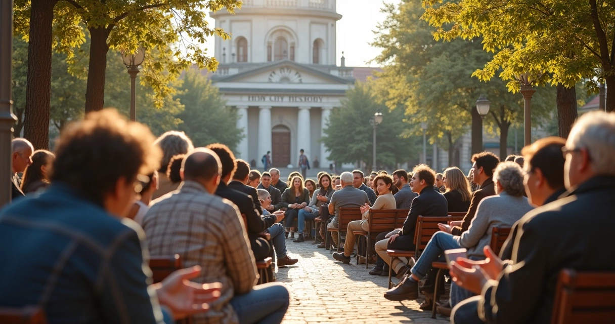 Moradores de cidade pequena reunidos em praça para reunião de discussão pública