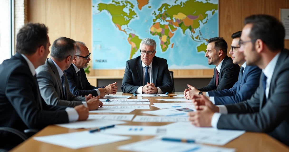 Prefeitos sentados em uma mesa em reunião, discutindo documentos, com mapa do Paraná no fundo