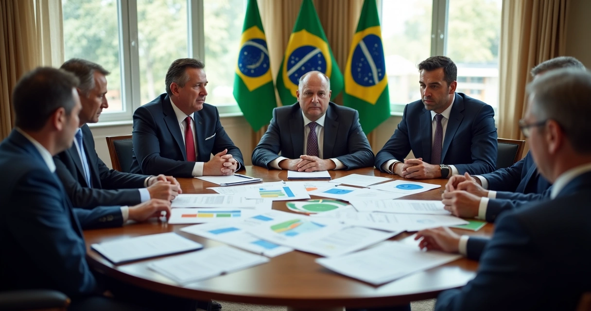 Lideranças políticas reunidas em uma mesa redonda discutindo documentos