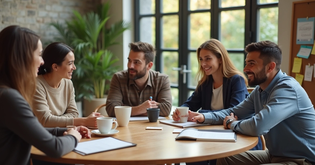 Grupo de trabalho em encontro presencial colaborativo em mesa redonda