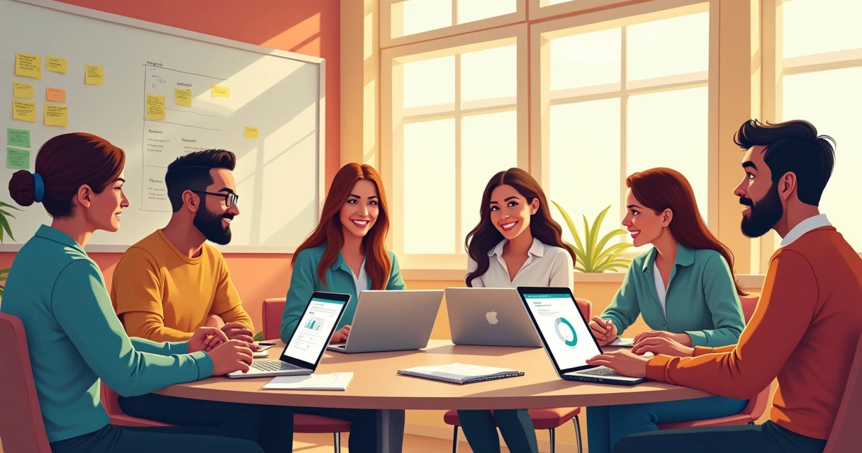 Educadores e consultores reunidos em roda, trocando ideias e utilizando notebooks 