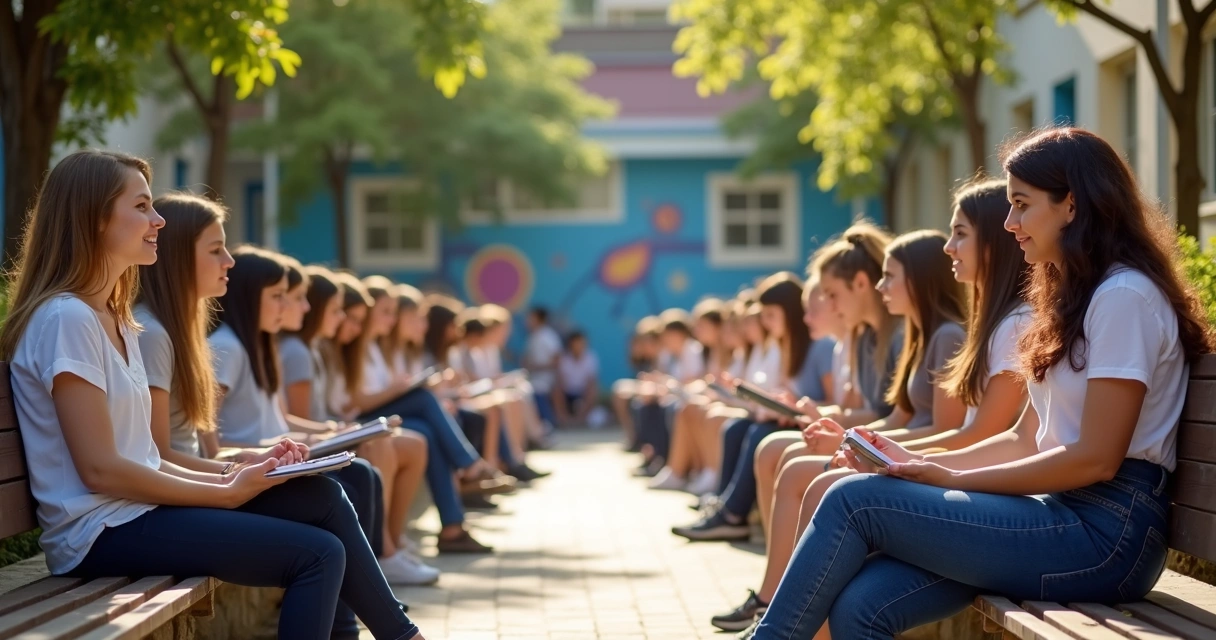 Professores conversando com alunos em pátio escolar ensolarado 
